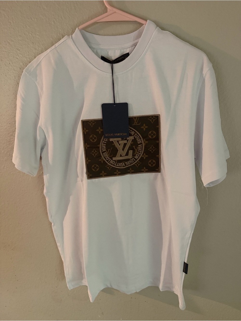 Louis Vuitton White Short Sleeve T-Shirt with Brown Monogram Patch